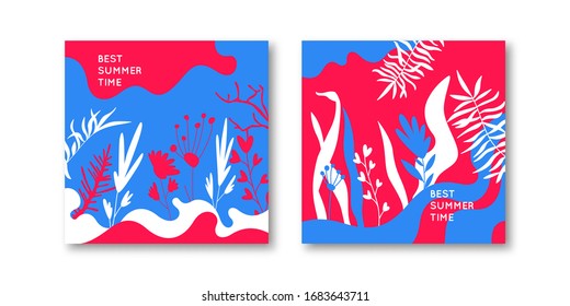 Summer vector background for design. A set of posters in a trendy style with a plant theme. Vector background.