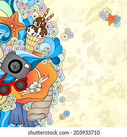 Summer vector background design template with flip flops, ball, starfish, photo, cream, waves, hearts and drink.