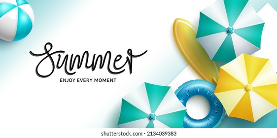 Summer vector background design. Summer text with umbrella, floater and surfboard hot season elements in minimalist space for enjoy and relax tropical holiday. Vector illustration.

