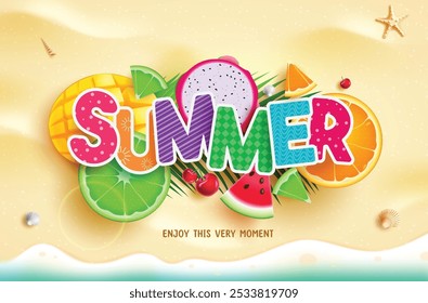 Summer vector background design. Summer text with tropical season sliced fruit elements in top view beach seashore background. Vector illustration summer banner design. 
