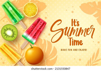 Summer vector background design. summer typography text in abstract space with popsicles, floater and fruits flavor element for colorful tropical holiday season. Vector illustration.
