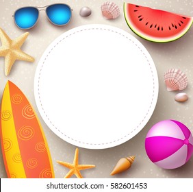 Summer Vector Background With Empty White Circle For Text And Colorful Elements And Objects In Beach Sand. Vector Illustration.
