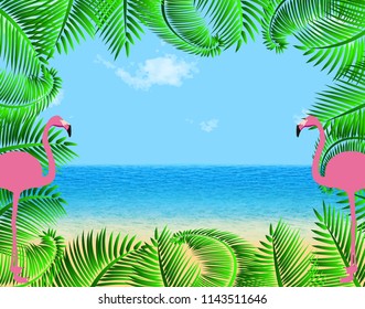 Summer vector background with flamingo, beach, palm leafs frame for banner, poster, web backdrop. Empty space for the text. Eps 10.