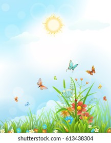 Summer vector background with flowers, green grass, butterflies and sun