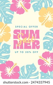 fondo de Vector de verano con flores de hibisco y hojas tropicales para Anuncios, tarjetas, volantes, Fondos de pantalla de redes sociales, etc.