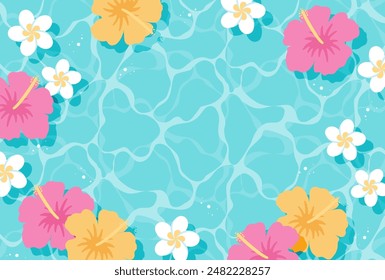 summer vector background with hibiscus and plumeria flowers floating in water for banners, cards, flyers, social media wallpapers, etc.