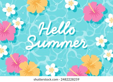 fondo de Vector de verano con flores de hibisco y plumería flotando en el agua para Anuncios, tarjetas, volantes, Fondos de pantalla de redes sociales, etc.