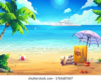 Sommer, Vektorgrafik Strand und Palmen auf dem Hintergrund des Meeres und Kreuzfahrtschiff. Für Print-on-Demand, Werbespots, Zeitschriften und Zeitungen, Buchumschläge, Flyer