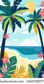 Summer vector background illustration with sea, beach, palm trees. Beautiful landscape for banner, coupon, advertising