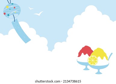 sommerlicher Vektorhintergrund mit japanischem rasiertem Eisdessert und einem Windschmuck mit Himmel für Banner, Karten, Flyer, Wallpaper in den sozialen Medien, etc.