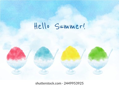 summer vector background with Japanese shaved ice dessert in watercolor for banners, cards, flyers, social media wallpapers, etc.