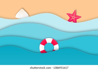 Summer vector background with paper cut tropical beach top view. Ocean, paper waves, seacoast, sea star, shell, swim ring in trendy paper cut style. Vector illustration
