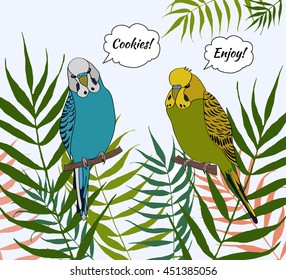 Summer vector background with parrots. Green and blue bird in leaves. Budgerigar australian parakeet. Small cute bird