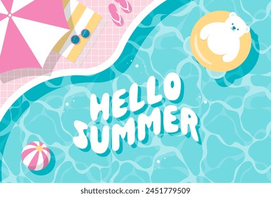 fondo de Vector de verano con un oso polar flotando en la piscina para Anuncios, tarjetas, volantes, Fondos de pantalla de redes sociales, etc.