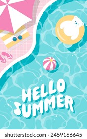 summer vector background with a polar bear floating in the swimming pool for banners, cards, flyers, social media wallpapers, etc.