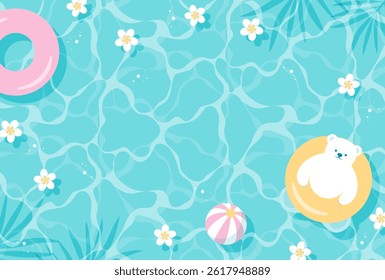 summer vector background with a polar bear and flowers floating in water