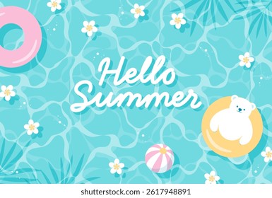summer vector background with a polar bear and flowers floating in water