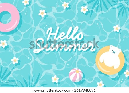 summer vector background with a polar bear and flowers floating in water