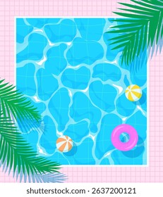 Summer vector background. Pool with blue water, float, ball and palm leaf. Shining turquoise rippled water and Inflatable swimming circle illustration.
