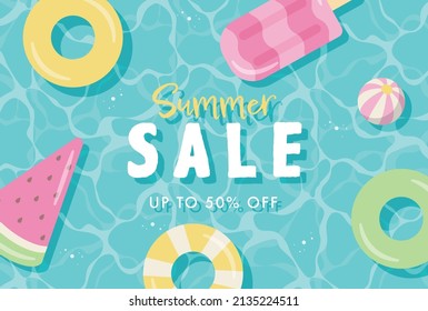 summer vector background with pool floats in water for banners, cards, flyers, social media wallpapers, etc.