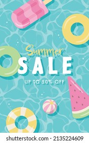 summer vector background with pool floats in water for banners, cards, flyers, social media wallpapers, etc.