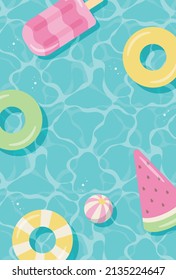 summer vector background with pool floats in water for banners, cards, flyers, social media wallpapers, etc.