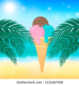 Summer vector background with sea, palm leaves and ice cream in cone. Blurred bokeh backdrop. Vacation and relax concept. Tropical beach and dessert.  Easy to edit design template for your artworks.
