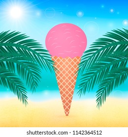 Summer vector background with sea, palm leaves and cone ice cream. Blurred bokeh backdrop. Vacation and tropical beach party concept.  Easy to edit vector template for your design projects.