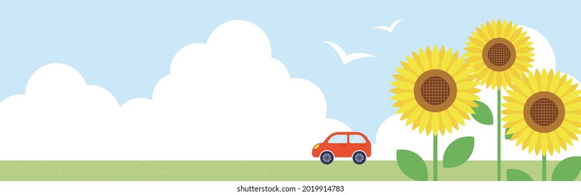 summer vector background with sunflowers and a car for banners, cards, flyers, social media wallpapers, etc.
