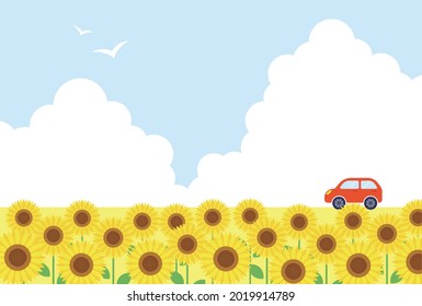summer vector background with sunflowers and a car for banners, cards, flyers, social media wallpapers, etc.