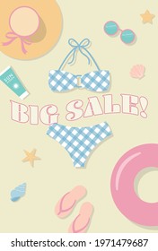 summer vector background with a swimsuit, flip flops,  straw hat and other beach icons for banners, cards, flyers, social media wallpapers, etc.