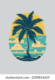 Summer vector background for T shirt Design with palm tree island illustration.