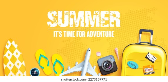 Summer vector background. Summer time adventure text in yellow empty space and holiday travel elements. Vector illustration summer holiday template.
