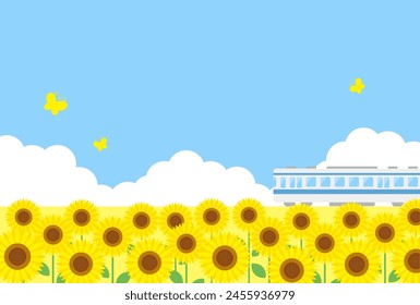 summer vector background with a train and sunflower field in the sky for banners, cards, flyers, social media wallpapers, etc.