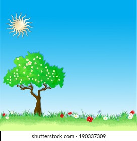 Summer vector Background with tree and flowers. Paper effect
