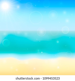 Summer vector background with tropical beach, sea and sky. Blurred bokeh backdrop. Vacation and relax concept.Easy to edit design template for your artworks.