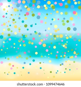 Summer vector background with tropical beach, sea and sky. Blurred bokeh and colorful confetti backdrop. Vacation and relax concept. Easy to edit design template for your artworks.