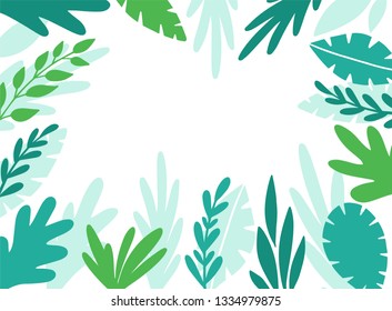 Summer vector background with tropical leaves and plants branches on white background. Flat style vector illustration 