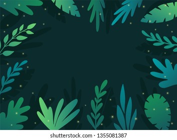 Summer vector background with tropical leaves and plants branches on dark background with fireflies. Floral flame. Flat style vector illustration 