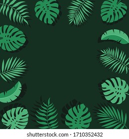 Summer vector background with tropical leaves and plants branches. Exotic background. Flat style vector illustration 