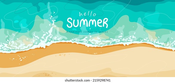 Summer vector background. Tropical ocean beach banner with yellow sand and blue sea. Text sign summertime travel. Top view on shore with wave water, white foam.