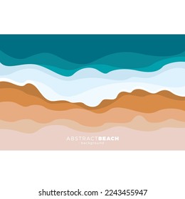 Summer vector background. Tropical ocean beach banner with yellow sand and blue sea. Text sign summertime travel. Top view on shore with wave water, white foam.