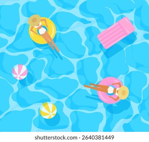 Summer vector background. Two women enjoing vacation in ocean, sea, blue water, float, ball. Beach. People enjoy party. Illustration.