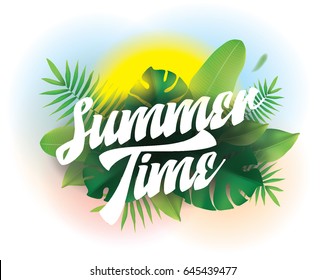 Summer. Vector background with typography for posters and banners. Illustration with tropical leaves and sun.