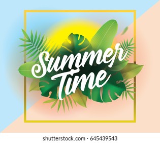 Summer. Vector background with typography for posters and banners. Illustration with tropical leaves and sun.