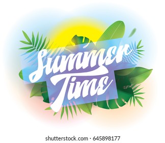 Summer. Vector background with typography for posters and banners. Illustration with tropical leaves and sun.