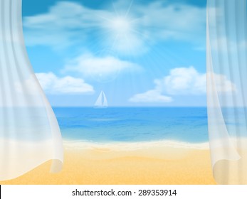 Summer vector background. View of the beach through the curtains.