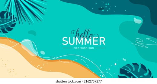 Summer vector background. Wave water, sea, beach, sand with palm and monstera leaves in modern simple flat style. Top view. Summer seascape from air. Quote words text at the centre.