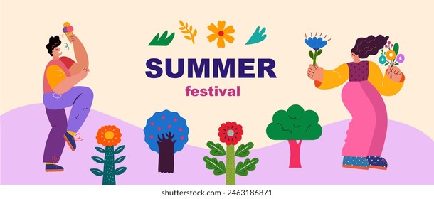 Summer vector banner with active people. Fun vector with happy people.