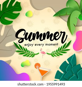Summer vector banner background. Summer enjoy every moment text in pattern decoration with paper cut plant leaves and abstract shape for tropical holiday season design. Vector illustration
